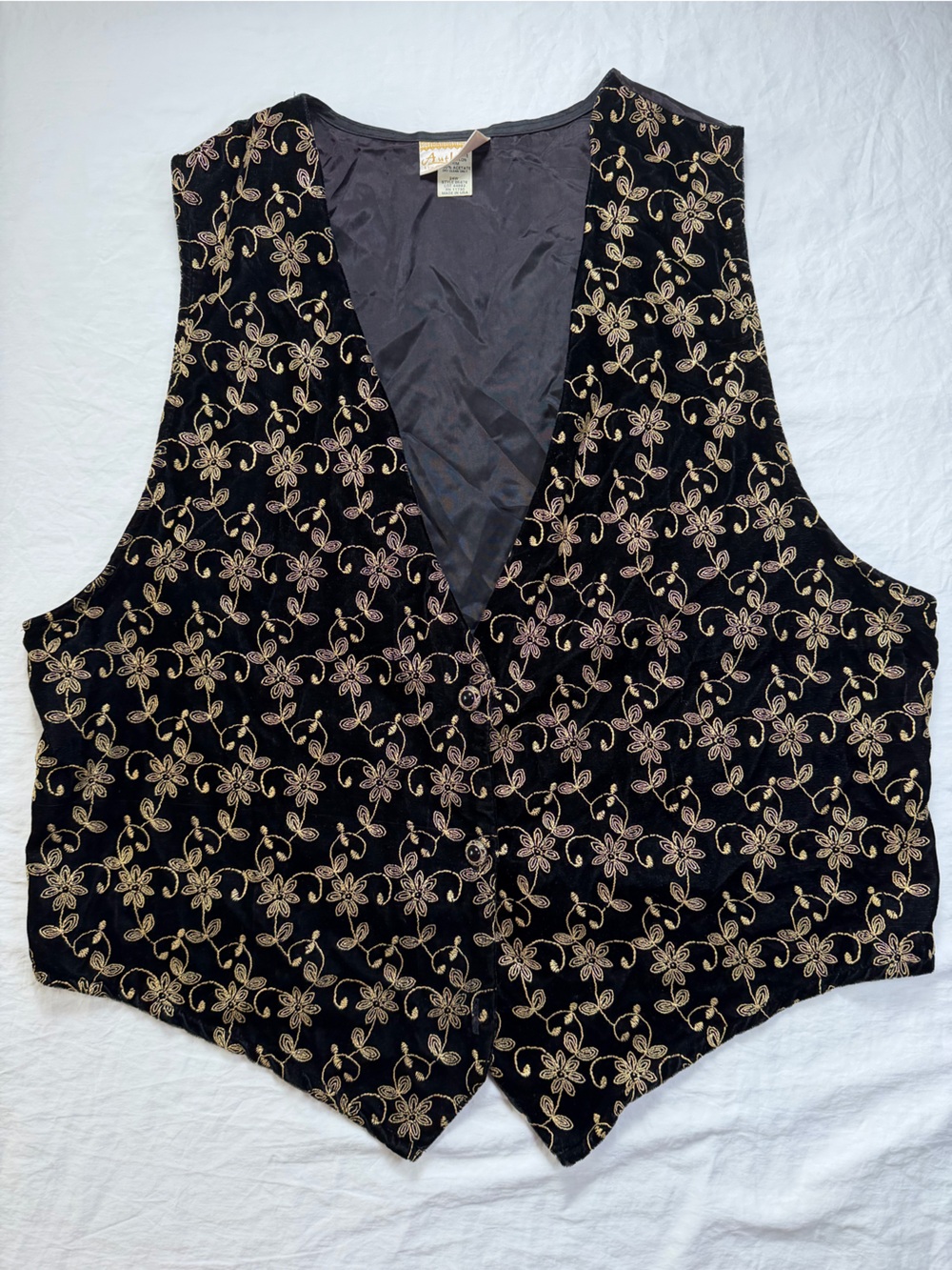 Women's Black Velvet Vest with Gold Floral Embroidery